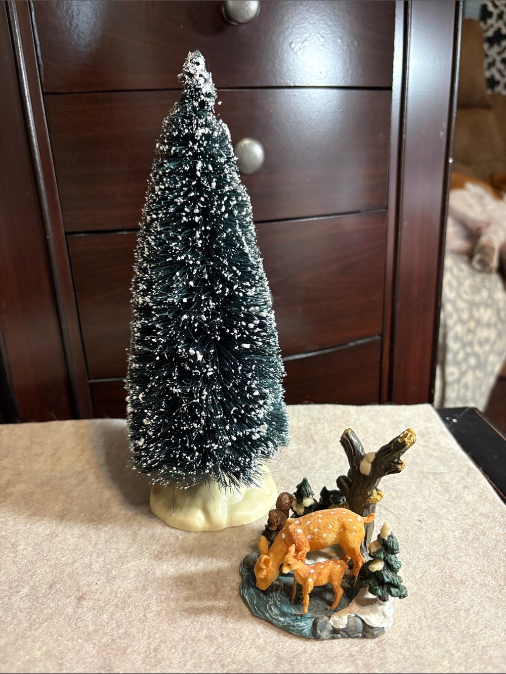 Classic Bottle Brush Holiday Tree - Green with Snow Tips & Deer Figurine